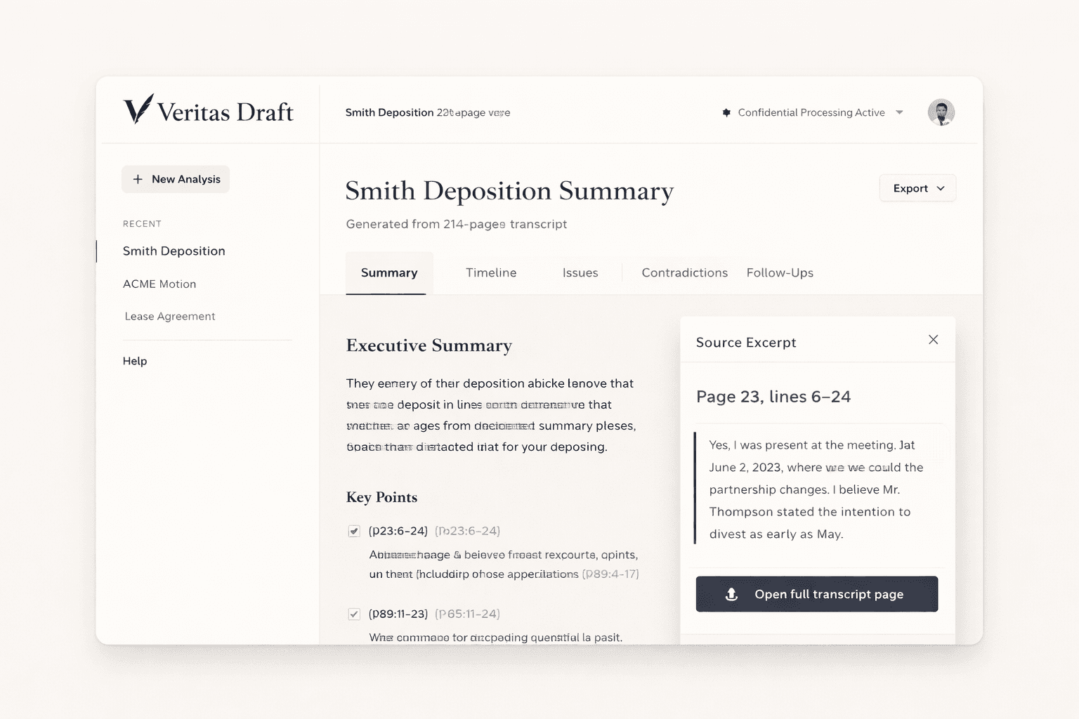 Veritas Draft product interface showing a deposition analysis with executive summary, timeline tabs, key points with citation references, and a source excerpt panel linking back to the original transcript.